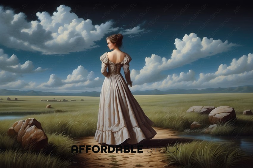 A woman in a white dress walks through a field
