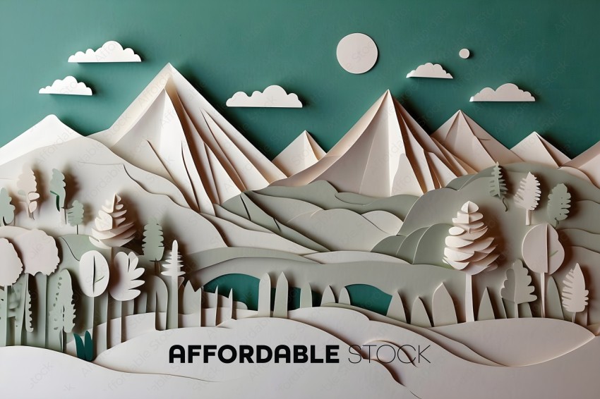 A paper cutout of a mountain range with a full moon in the background