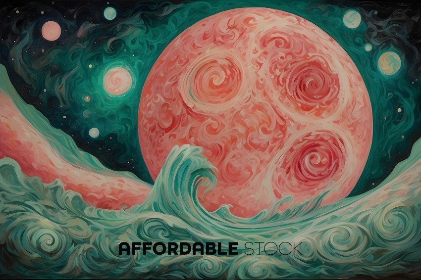 A painting of a pink planet with swirls and a wave