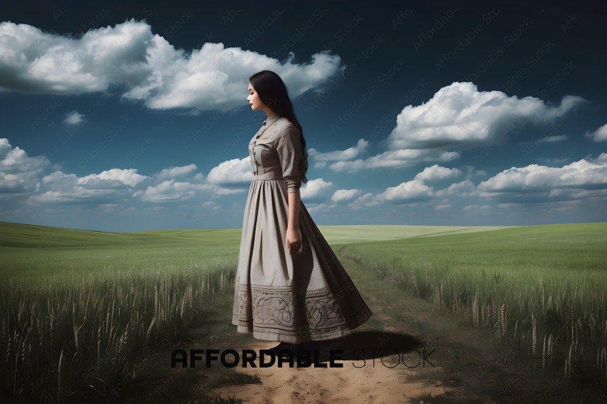 A woman in a dress standing in a field