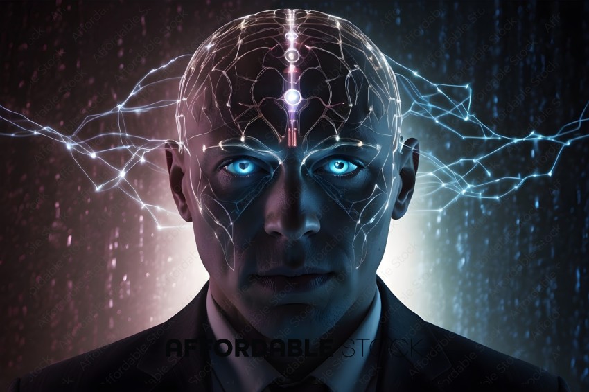 A man with blue eyes and a blue light in his head