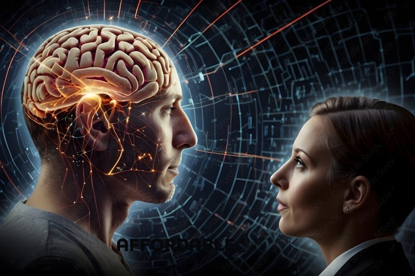 A man and a woman are looking at each other with a lighted brain between them