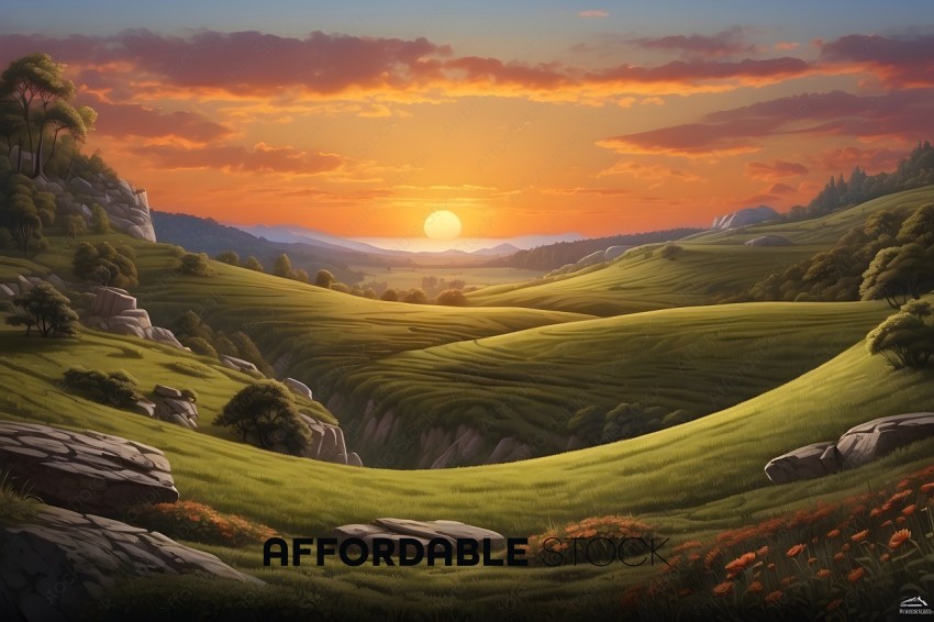 A beautiful landscape with a sunset and a rocky hill