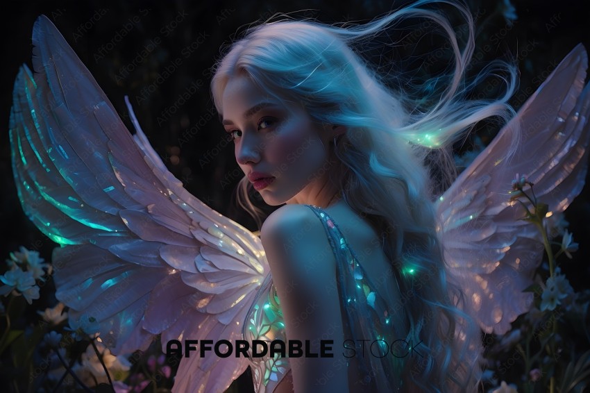 A woman with wings and a glowing dress