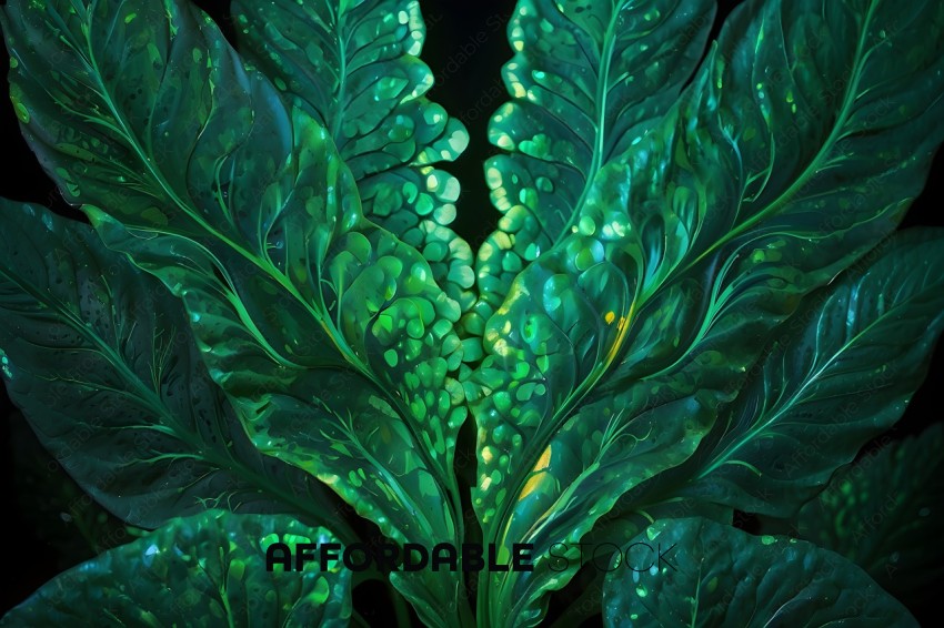 A close up of a green leaf with a glowing center