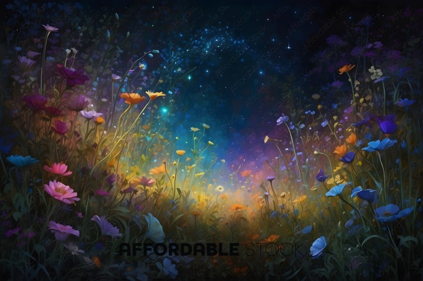A colorful field of flowers with a starry sky in the background