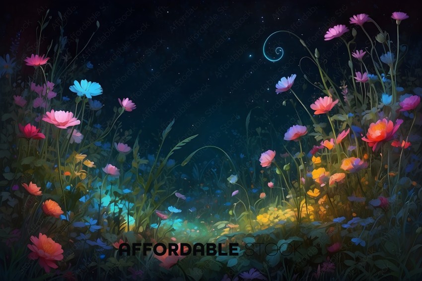 A beautiful painting of a field of flowers at night