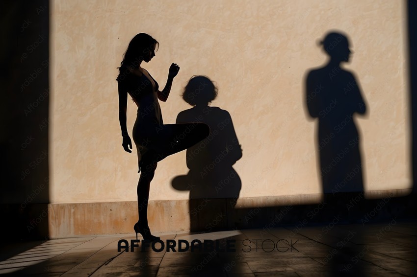 A woman in a dress and heels is standing in front of a shadow of a man