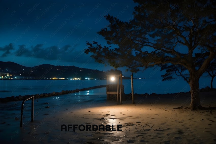 A person sitting on a bench at night on the beach