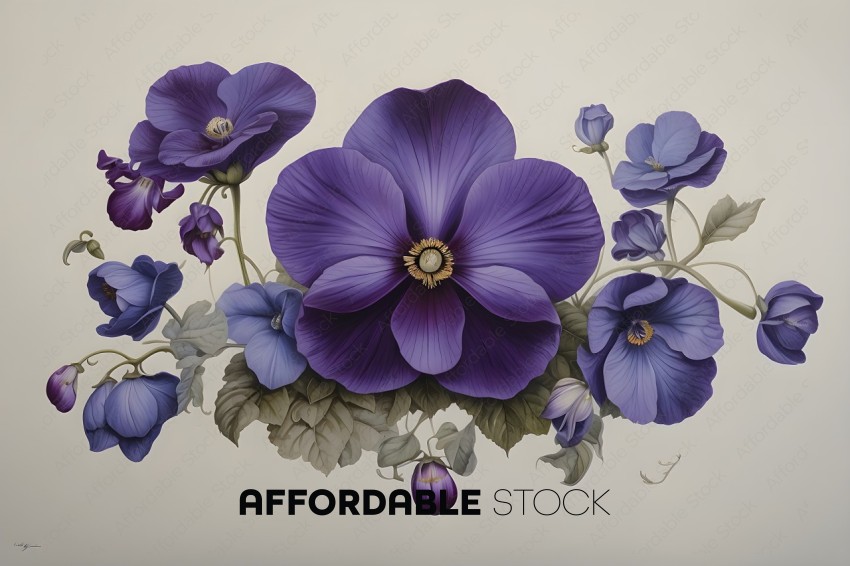 A painting of purple flowers with green leaves