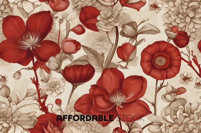 Red Flower Pattern Wallpaper with Flower and Leaf Designs