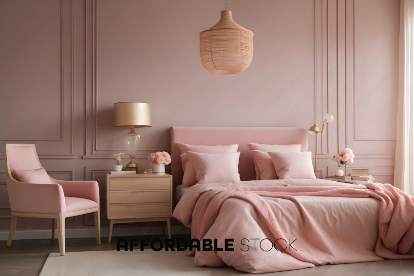 A Pink Bedroom with Pink Bedding and Pink Lamps