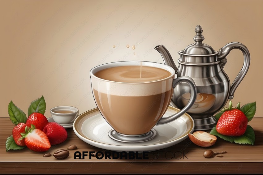 A cup of coffee with a tea kettle and strawberries