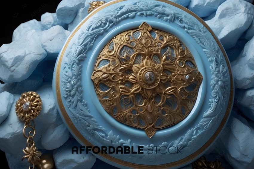 A blue and gold decorative plate with a design