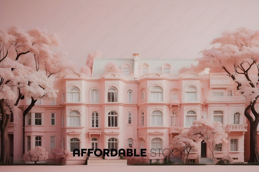 Pink building with trees in front