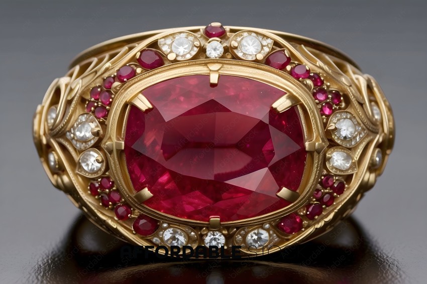 A gold ring with a red gemstone and white diamonds