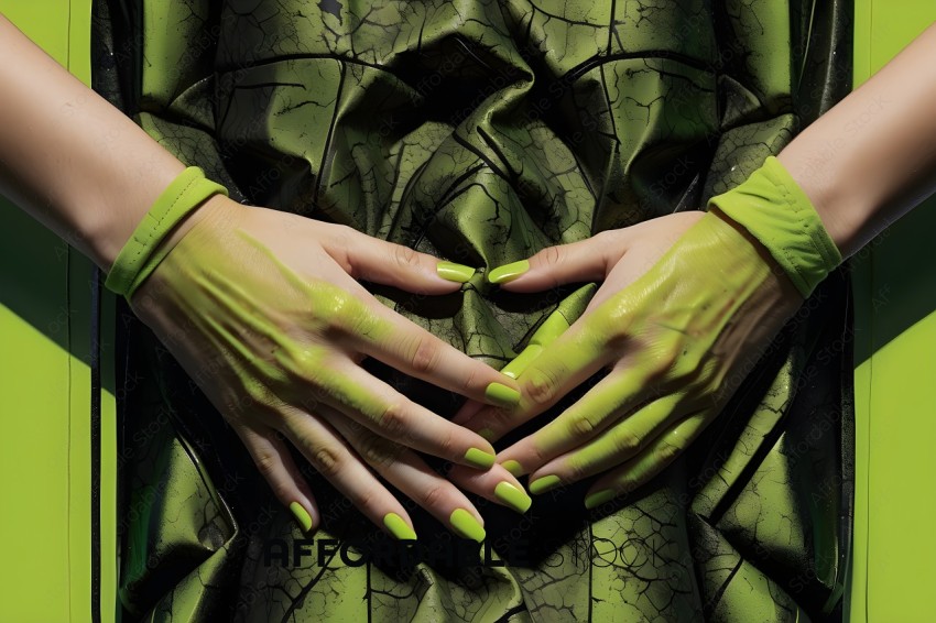 A person with green nails and a green dress