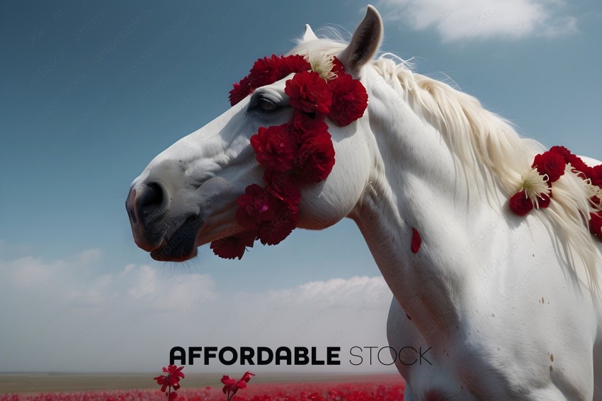 White Horse with Red Flowers in Mane