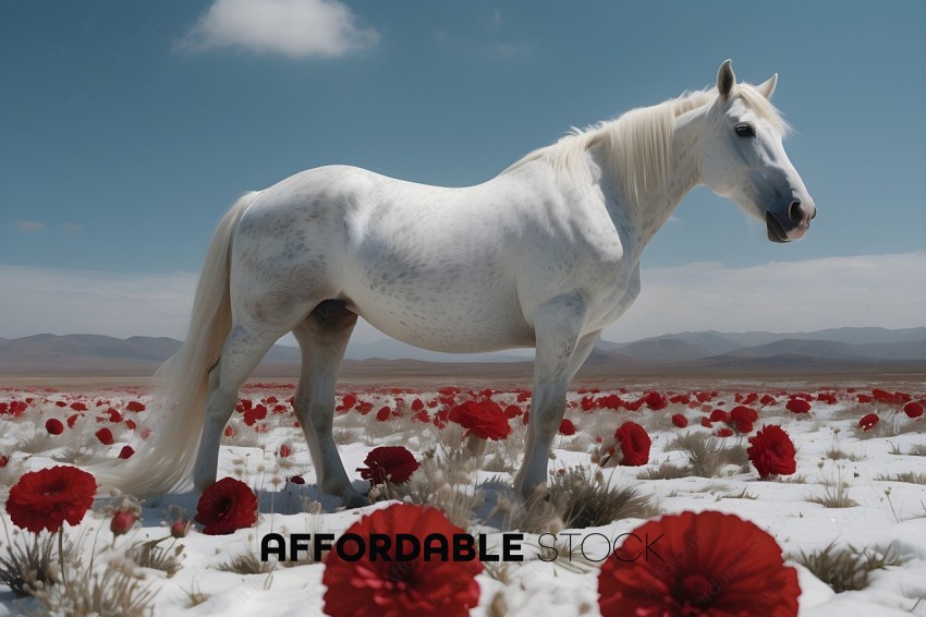 A white horse standing in a field of red flowers