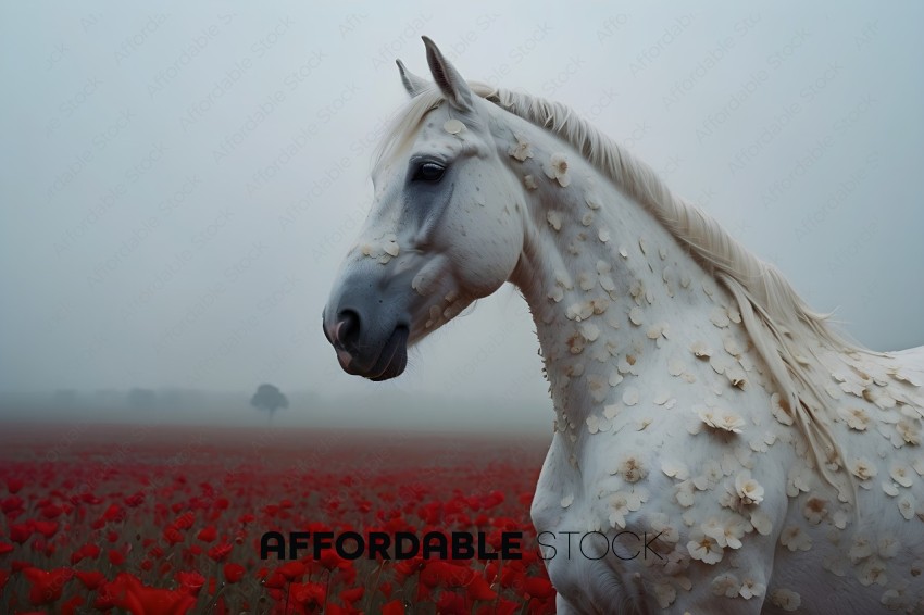 White Horse with White Flowers on Body in Red Field
