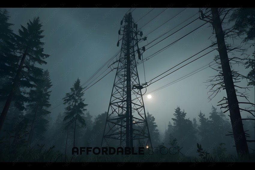 A dark and foggy forest with a power line tower