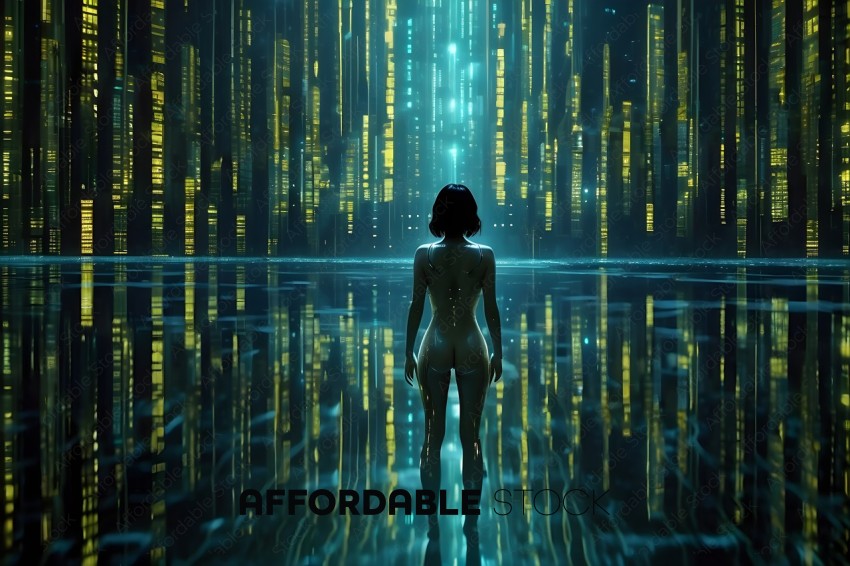 A woman in a futuristic setting with a cityscape in the background
