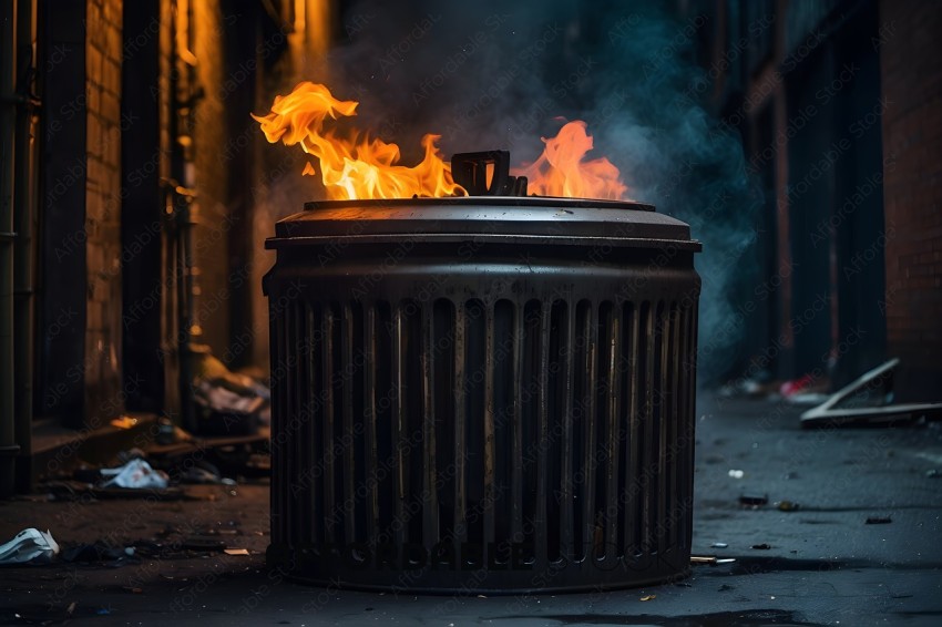 A trash can with fire in it