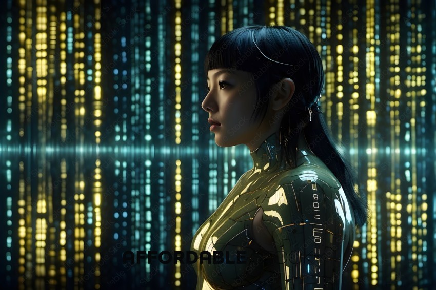 A woman in a futuristic outfit with a green background
