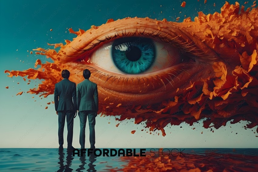 Two men standing in front of a painting of an eye