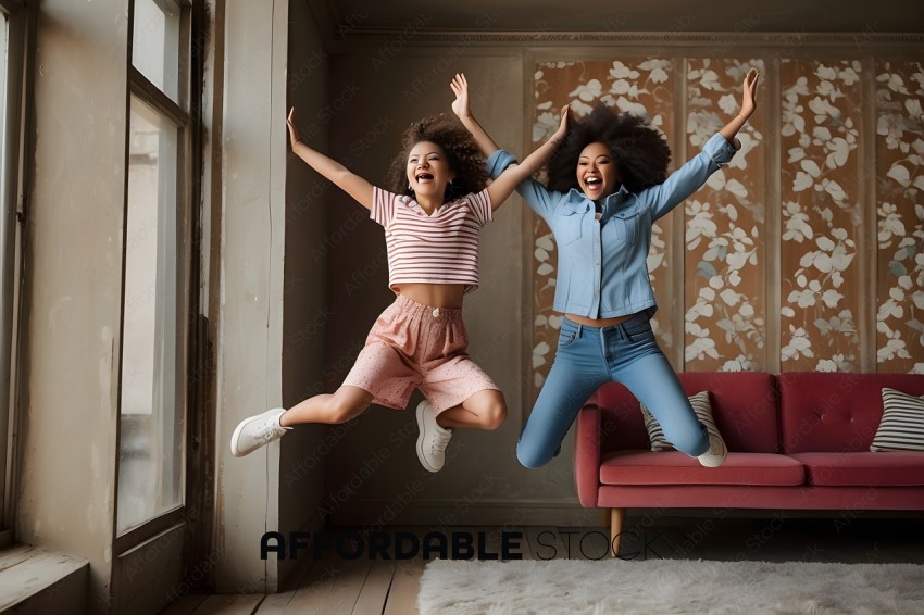 Two girls jumping in the air