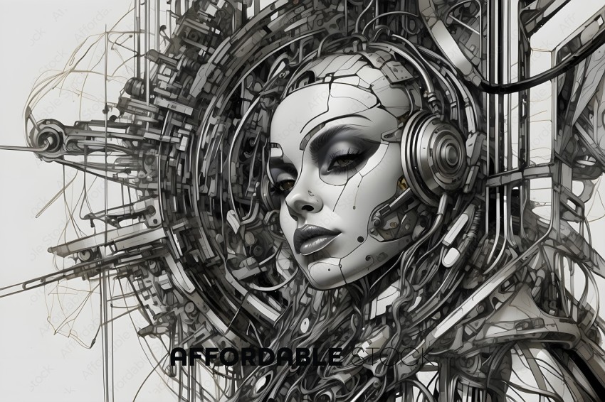 A futuristic drawing of a woman with a headset