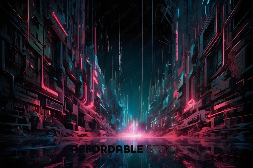 A futuristic cityscape with a pink and blue skyline