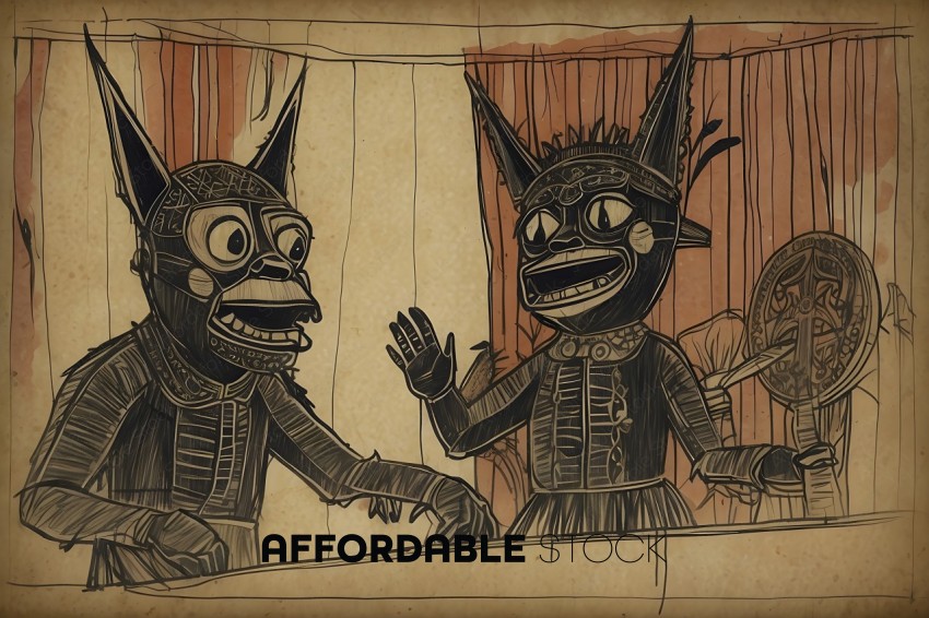 A drawing of two masked characters with one hand raised