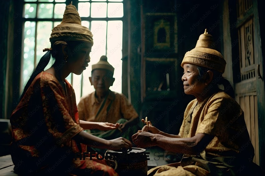 Two Asian women wearing traditional clothing are sitting together