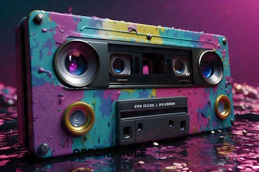 A colorful, messy, and dirty cassette player