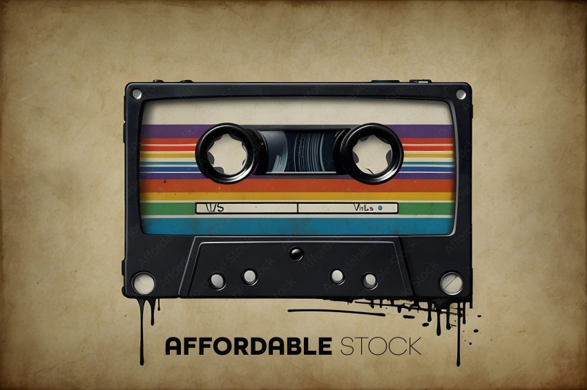 A colorful cassette tape with a rainbow design