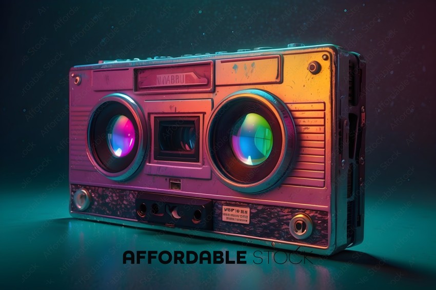 A vintage boombox with a rainbow colored lens