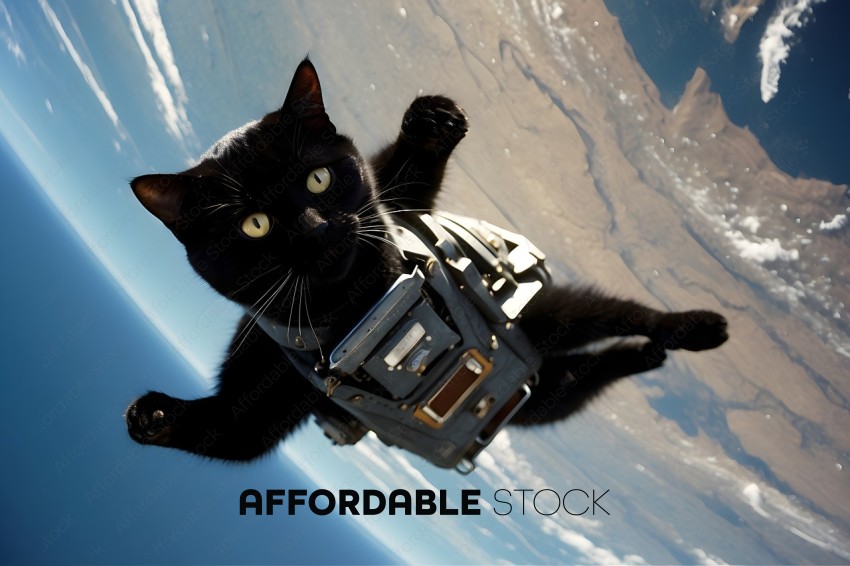 A black cat in a harness flying through the air