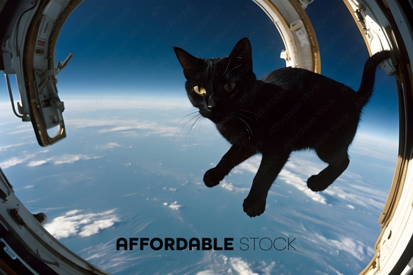 A black cat is looking out the window of a plane
