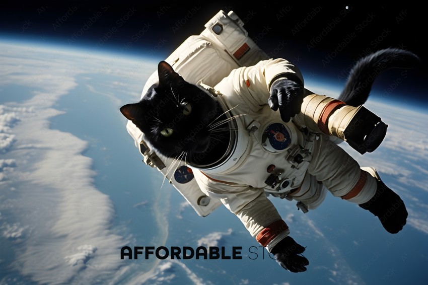 A black cat wearing a space suit