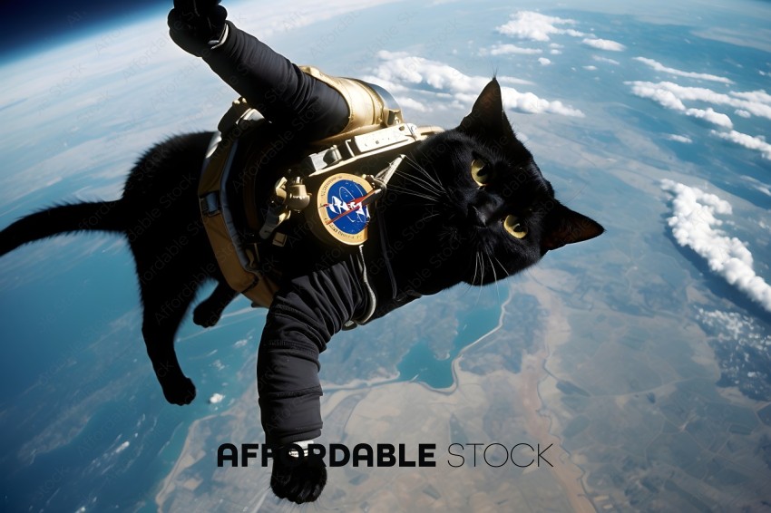 A black cat wearing a space suit is flying through the air