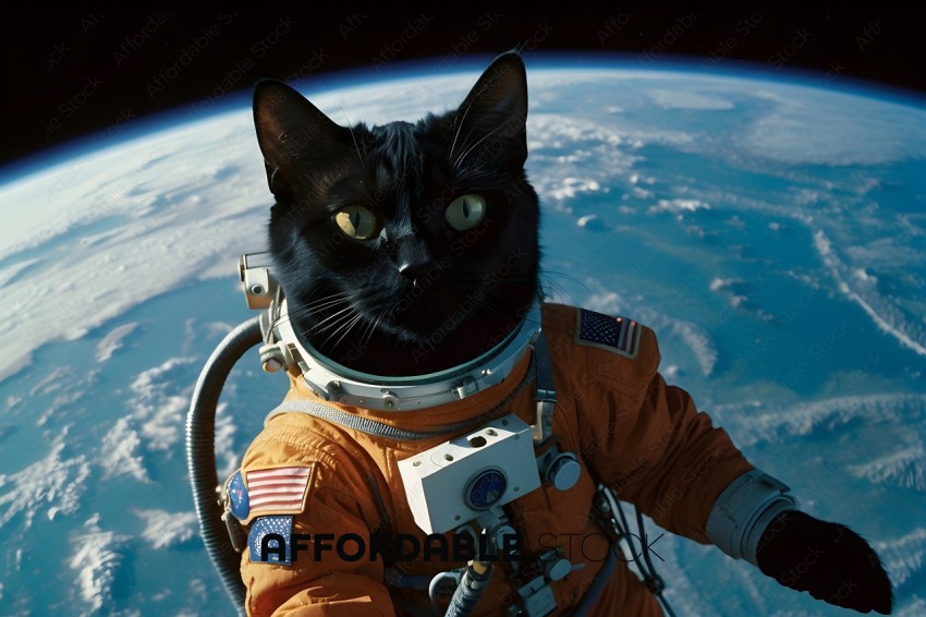 A black cat wearing an orange space suit with an American flag patch on the shoulder