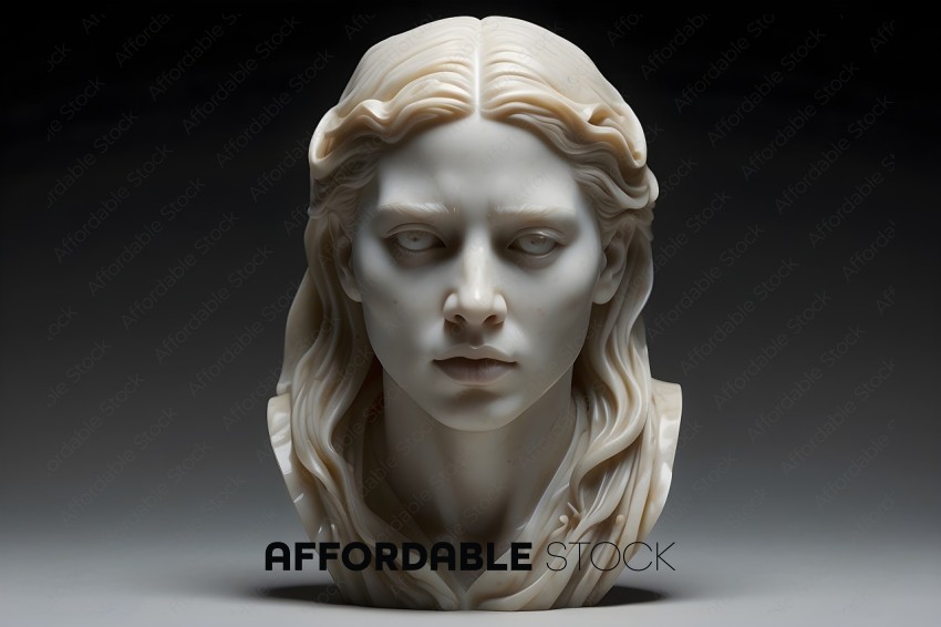A white marble bust of a woman with long hair