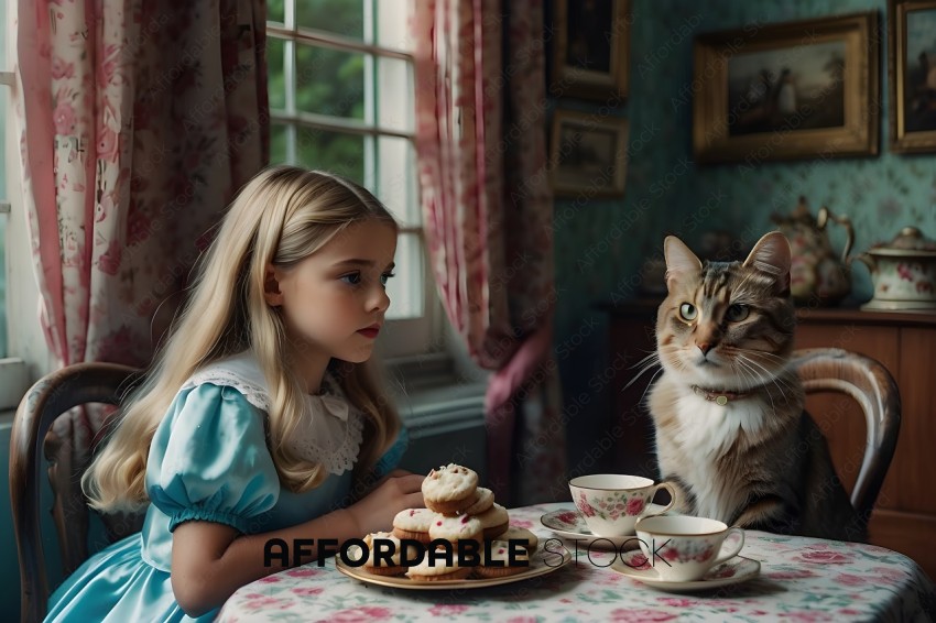 A young girl and a cat sitting at a table with pastries