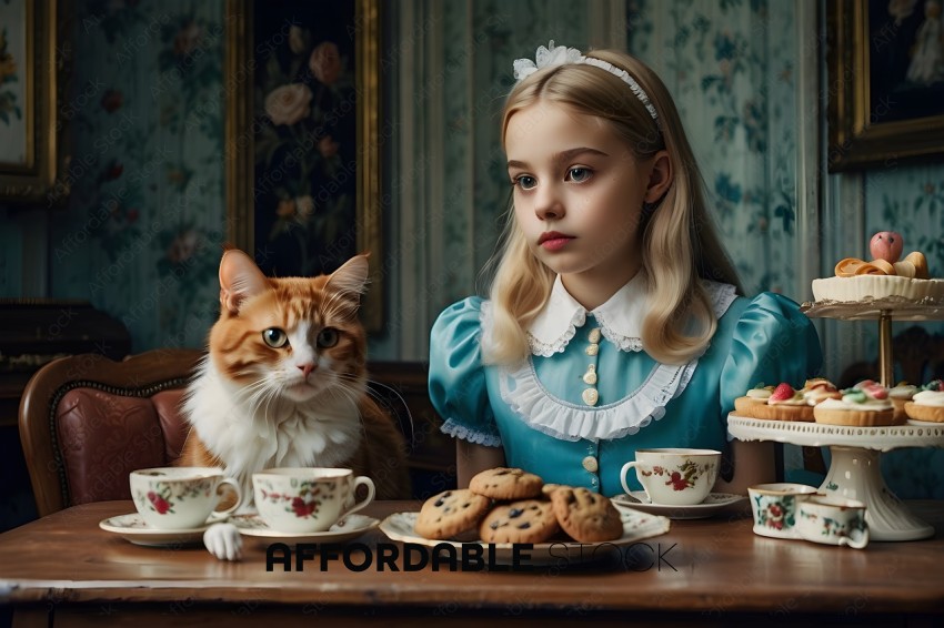 A young girl and her orange cat sitting at a table with tea cups and cookies