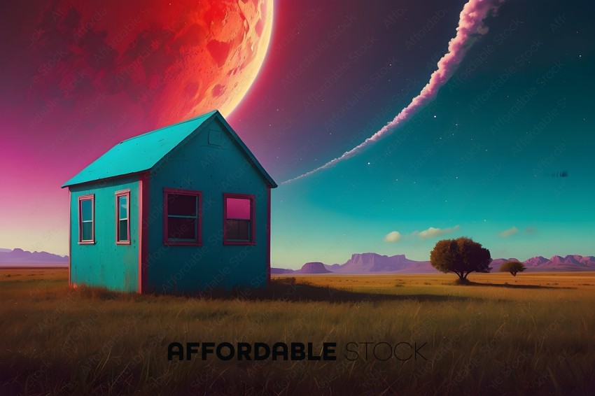 A small blue house with a red sky in the background