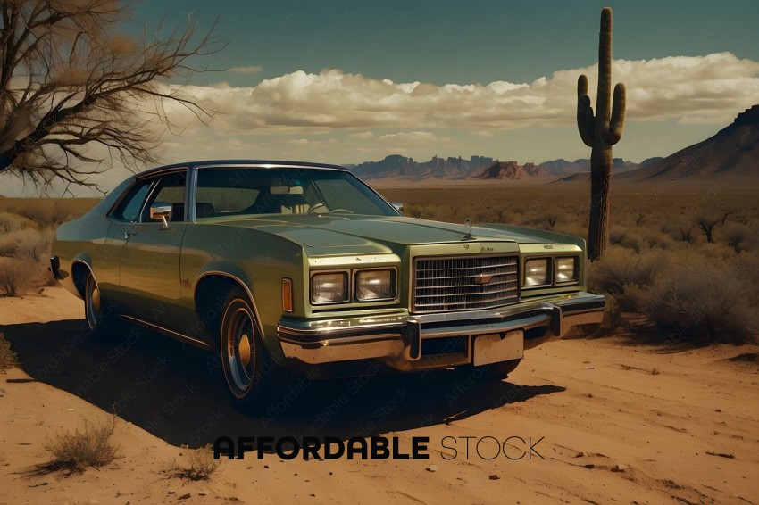 A green classic car in the desert