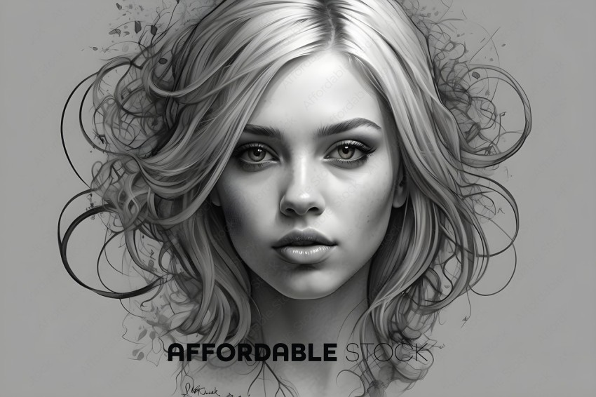A drawing of a woman with blonde hair and a slight smile