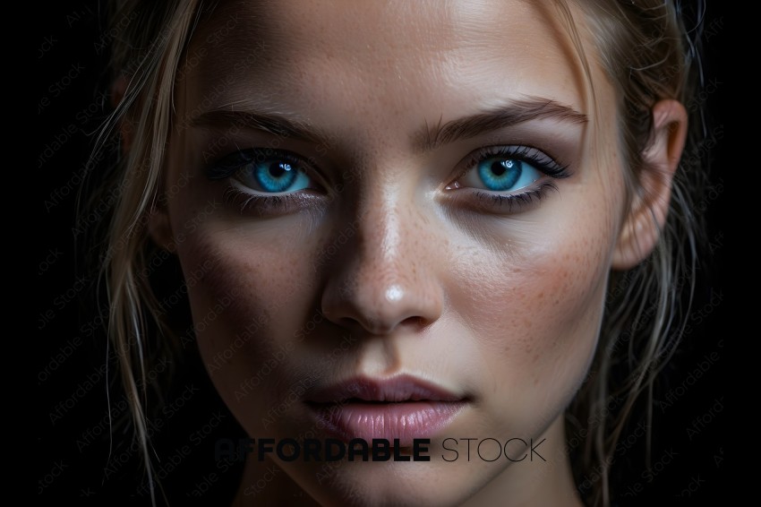A woman with blue eyes and freckles on her face