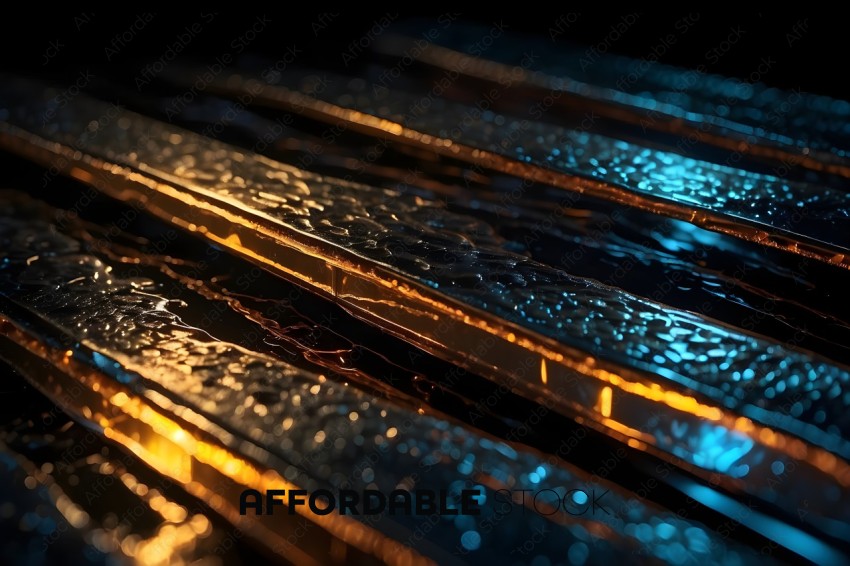 A close up of a shiny metal surface with a blue tint